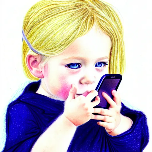 Image similar to 3 year old blonde girl with iphone, colored pencil on white background by eloise wilkin