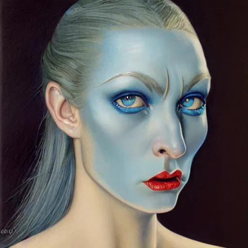 Image similar to front portrait of an ice Blue eyes woman, by Gerald Brom