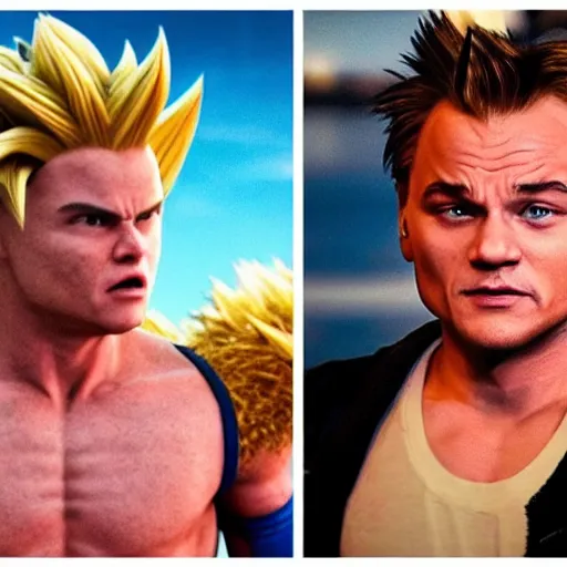 Image similar to Photo realistic live action Super Saiyan Leonardo Di Caprio vs Majin Bill Murray WWE takedown ray traced 8K anti-aliased highly detailed cinematic render award winning photography pay-per-view screen recording