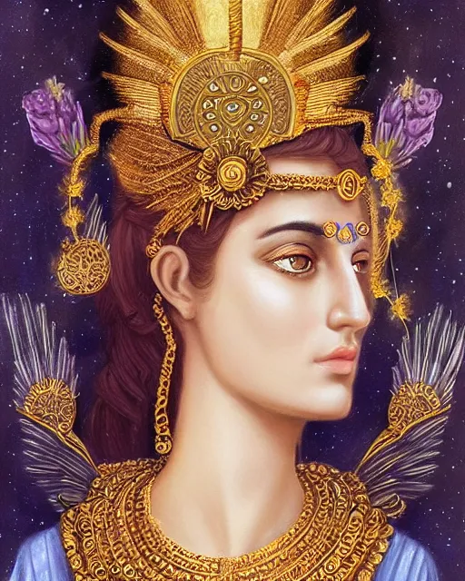Prompt: Athena as a mesopotamian goddess of fertility, very detailed eyes, realistic eyes, , extremely beautiful, marvelous eyes, dawn, halo, flowers and plants, gold, intricated design, very detailed and rich clothing ,vivid color.digital 2D, painterly style, cinematic matte Illustration,trending on pixiv and artstation.Fantastic depth-of-field effect in Bacnground.Fine particles fluttering in the air. anime wallpaper，Sunlight on the face.by Wlop,Mika Pikazo，米山舞，Yoneyama Mai，Makoto Shinkai, VOFAN