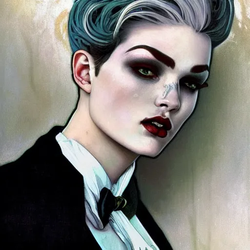 Image similar to beautiful portrait of androgynous ruby rose as desire from sandman in a white tuxedo!!!, rockabilly style, by alphonse mucha, cedric peyravernay, by jeremy mann, by frank moth, white suit and black tie, soft lightning, high detailed, 8 k