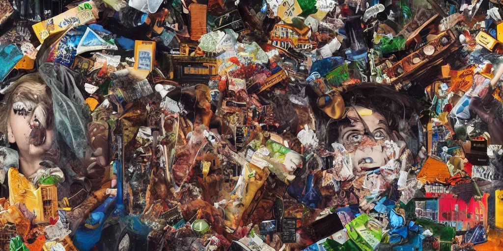 Prompt: mad trash bags, collage, acrylic on canvas, muralism, expressionism movement, high resolution, cinematic, unreal 6 breathtaking detailed, breathtaking detailed, by blake neubert