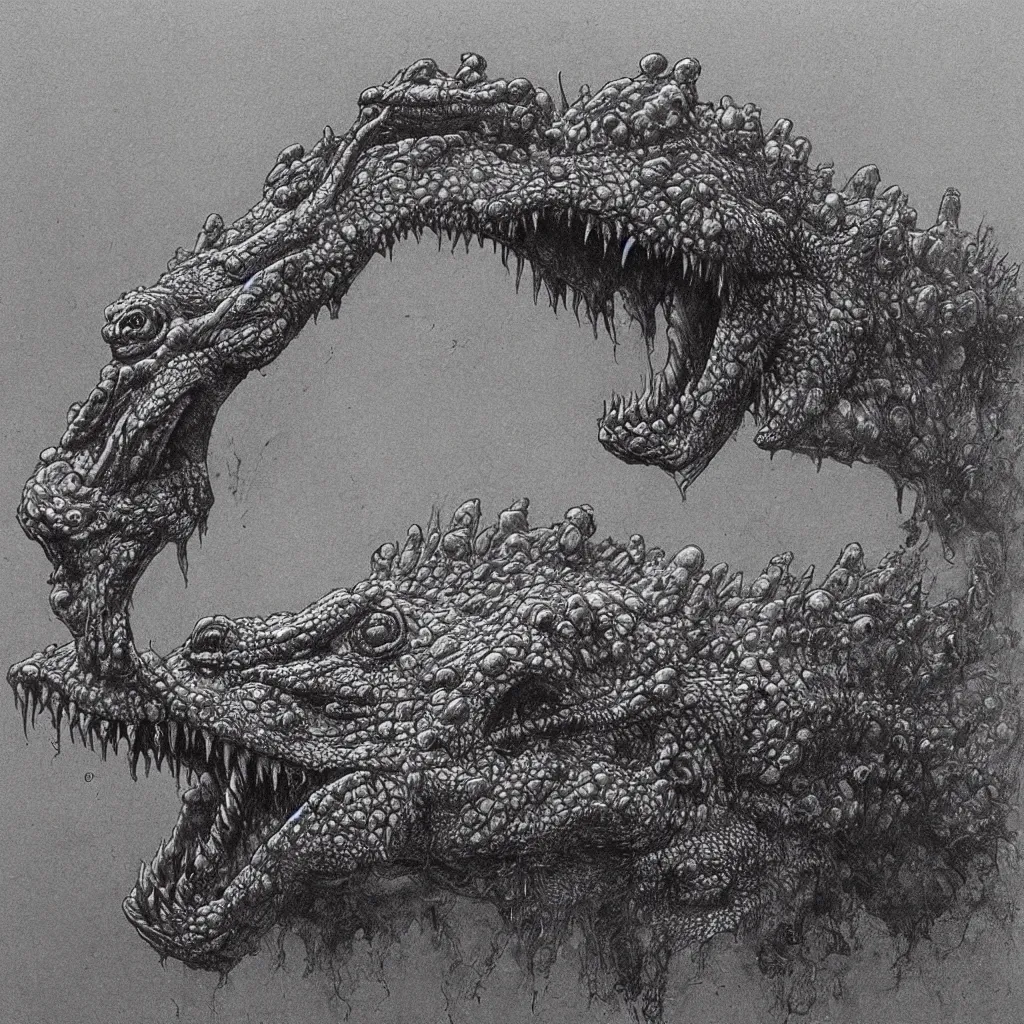 Image similar to horrifying crocodile creature, necromorph, in the style of zdislaw beksinski