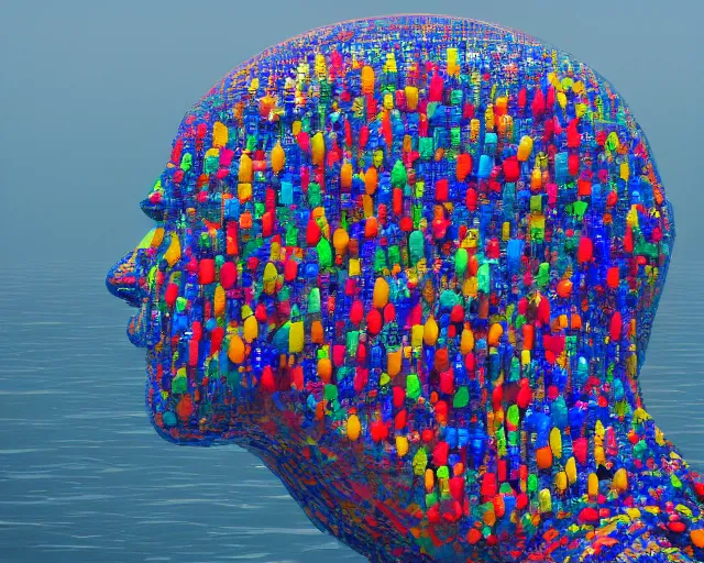 Prompt: a long shot of a giant award winning sculpture made out of tons of hundreds of pool toys in the shape of a human head, on the surface of the ocean, in the style of chad knight, hyper detailed, hyper realistic, ray tracing, 8 k resolution, sharp focus, realistic water