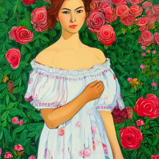 Image similar to a beautiful and intricate painting of a young woman standing in a garden, surrounded by roses. the woman has a gentle, kind expression on her face, and the overall effect is one of serenity and peace.