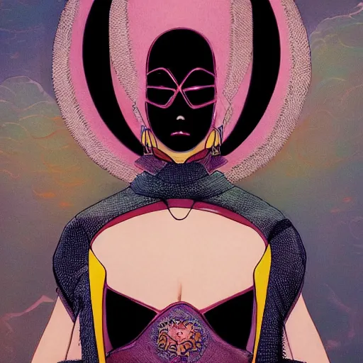 Image similar to beautiful portrait of the mysterious masked figure, futuristic, vogue cover, vogue poses, beautiful ornamental silk cape, intricate, highly detailed, masterful, fantasy world, sci fi world, in the style of moebius, akira toriyama, jean giraud, 8 k