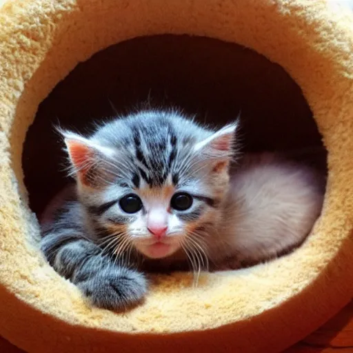 Image similar to kitten living inside a bread, hyper detailed