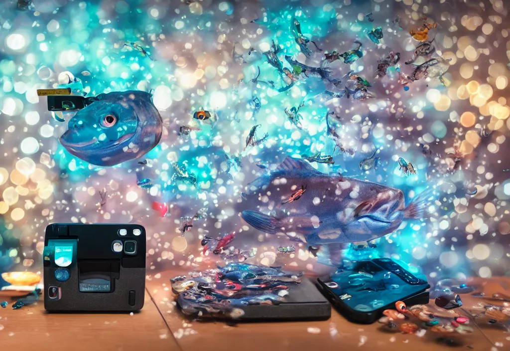 Image similar to 3 d fishes popping out of curved movie screen floating in bedroom, volumetric lighting, sleeping, pair of keycards on table, bokeh, creterion collection, shot on 7 0 mm, instax