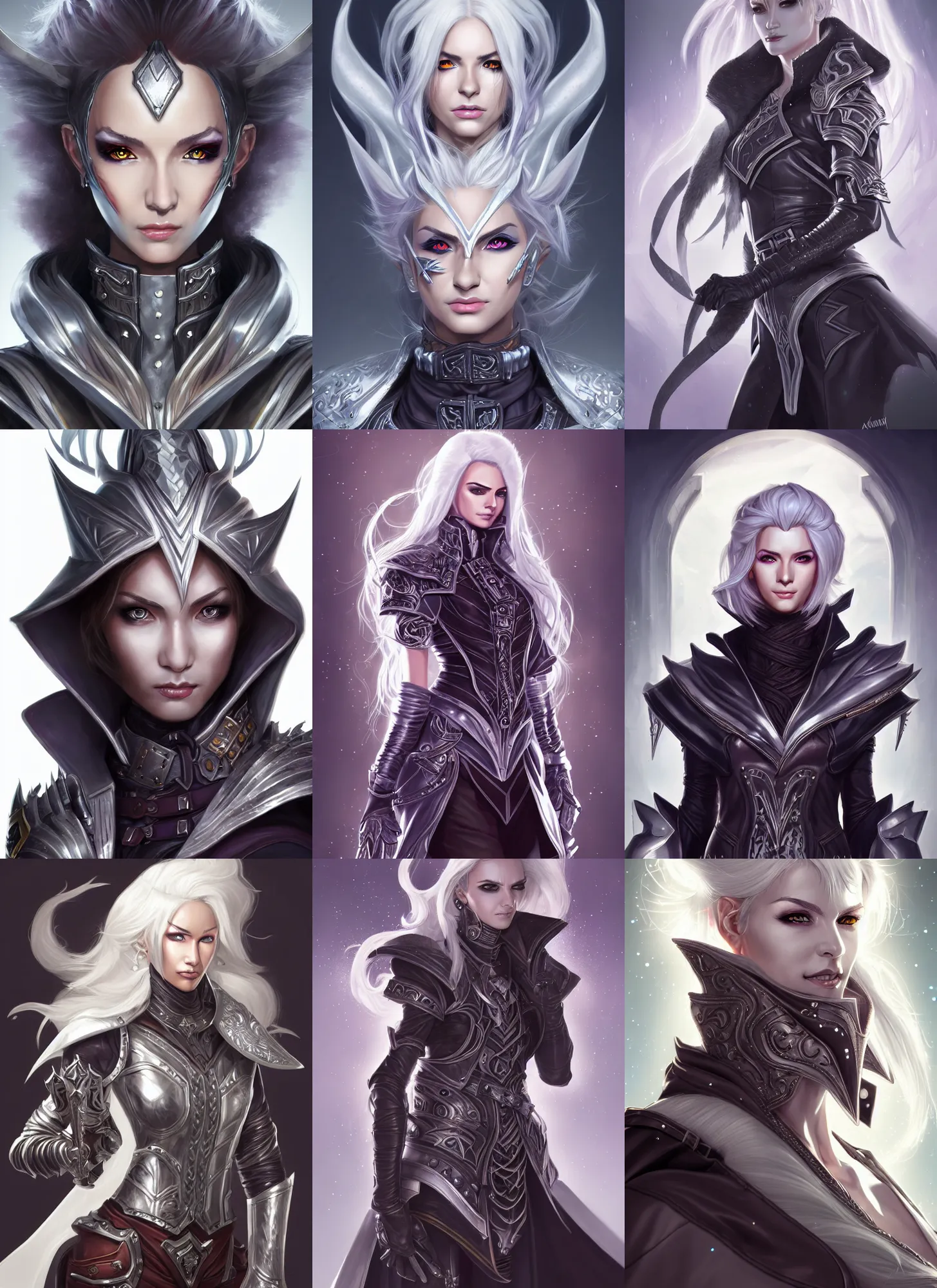 Prompt: portrait of a mix between warlock and paladin, female, shiny silver and disease, leather coat, high fantasy, dnd, face details, extremely detailed, smooth, sharp focus, digital illustration, by artgem, rossdraws, sakimichan