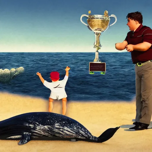 Image similar to highly detailed photo of a midget golfer standing on a beached whale. the crowd is cheering him as he lifts the trophy. highly detailed render, photorealistic, concept art, sfx