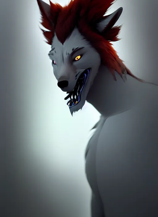 Image similar to award winning portrait of a male anthropomorphic dark gray wolf red hair. character design by cory loftis, fenghua zhong, ryohei hase, ismail inceoglu and ruan jia. artstation, volumetric light, highly detailed, photorealistic, fantasy, rendered in octane