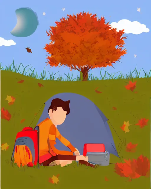 Image similar to autumn hillside boy with camping bag illustration light color