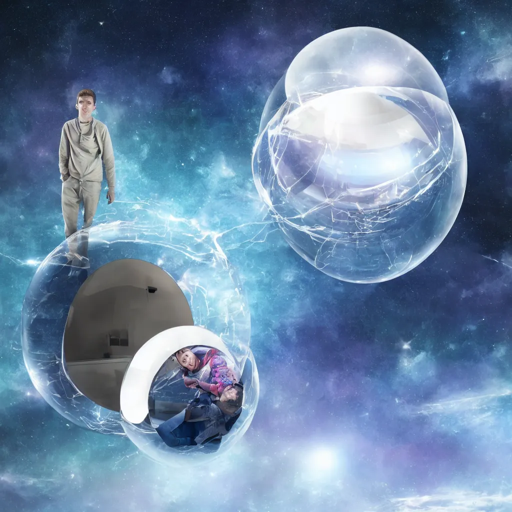 Image similar to a young man alone in an enormous transparent spherical capsule in the middle of outer space, digital art