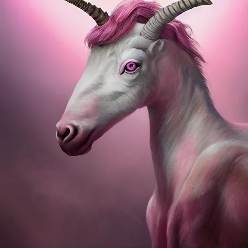 Image similar to A beautiful pink unicorn with a old goat, fantasy, portrait, oil on canvas, masterpiece, trending on artstation, cinematic composition, dramatic pose, beautiful lighting, sharp, details, hyper-detailed, HD, HDR, 4K, 8K