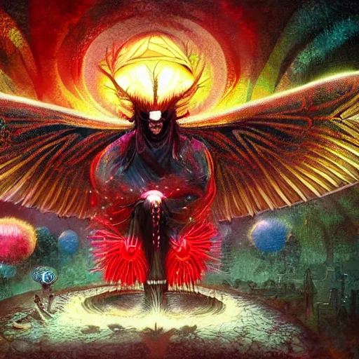 Image similar to 8K centered headshot Portrait of a psychedelic godlike mothman with giant mandala wings smoking a hand-rolled cigarette smoking heavily , magic mushroom village in background , post-processing , award winning. superb resolution. in the art style of Satoshi Kon and Greg Rutkowski . Detailed Mushroom city in background. Hyper realistic anime. Perfect art. Dalle2