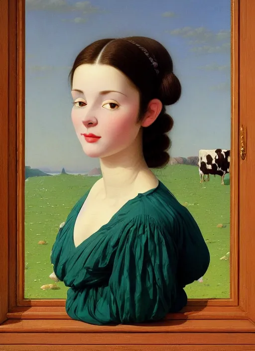 Image similar to hyper detailed 3 d render like a oil painting - cute portrait of a brunette called emma, italian looks, looking at camera, symmetrical face, long brunette hair, with a smiling cow looking over her shoulder by ryden, kawase hasui, dorothea tanning, edward hopper and james gilleard, aivazovsky, beksinski, outram, artstation