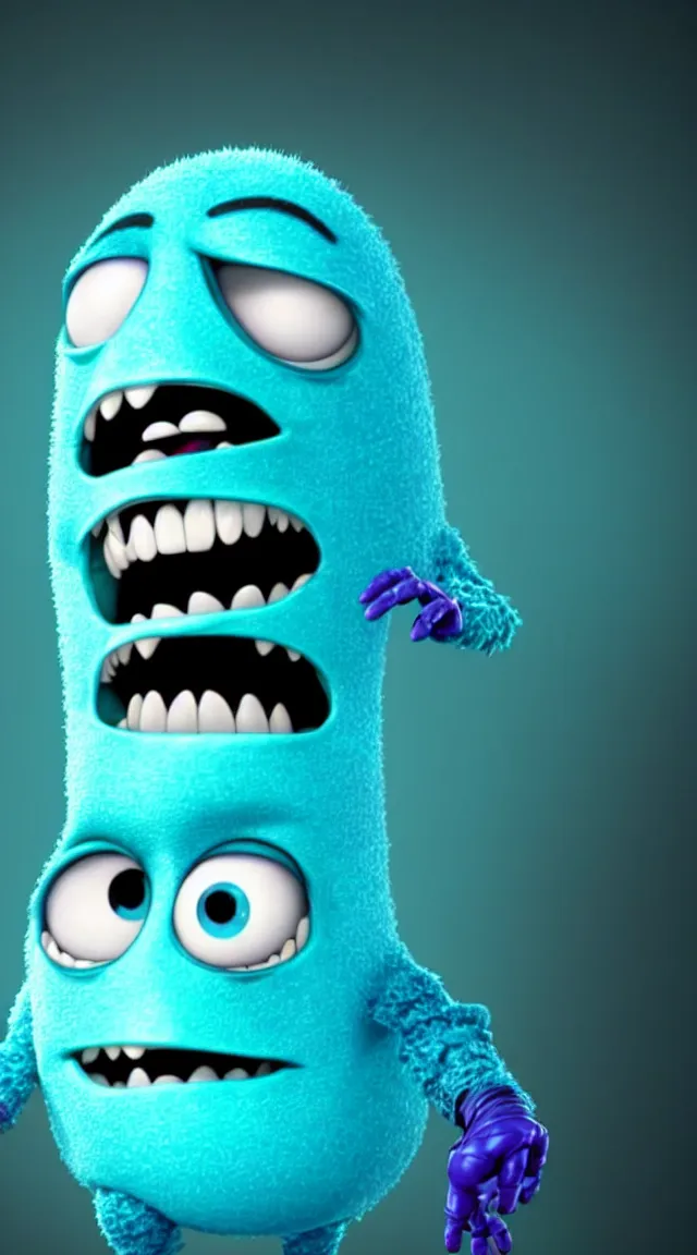 Image similar to a full studio shot of a virus as a pixar character against a dark cyan backdrop. it is cute, evil and adorable.