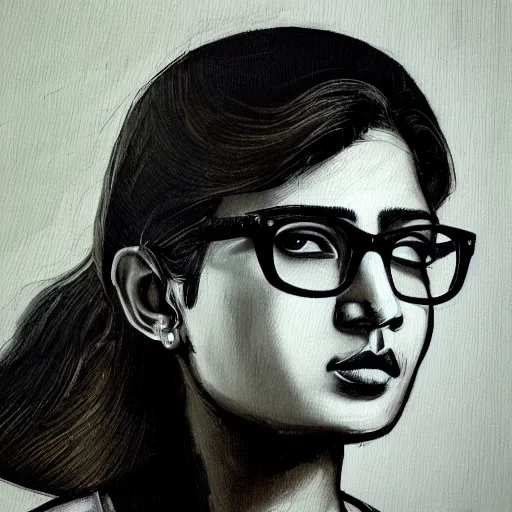 Prompt: a modern painting of a nerdy young woman from hyderabad with big glasses in the style of tim bradstreet, sharp focus, realism, intricate detail