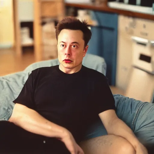 Image similar to bored elon musk with torned dirty t-shirt lying on a couch cinestill 800t