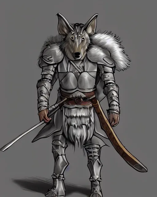 Prompt: 8ft tall, grey skinned, half-giant paladin male, clean shaven head, pupiless eyes, fur stuffed breastplate with no sleaves, breastplate is envraged with a symbol of a wolf, d&d character art