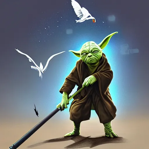 Image similar to Yoda hitting the seagulls away with his stick, digital art, detailed