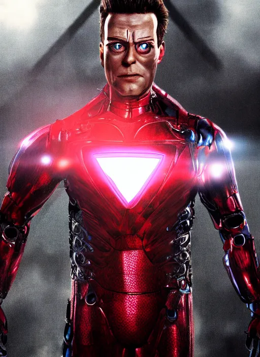 Image similar to a realistic iron superman photo with red eye inspired a movie terminator 2 Judge day , Poster, full body, detailed and realistic, 4k, filmic render