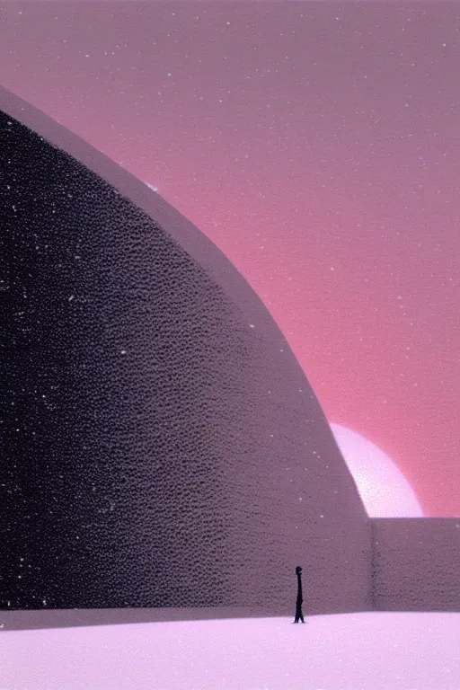 Image similar to emissary space by arthur haas and bruce pennington and john schoenherr, photo realism, cinematic matte painting, james turrell building in the mountains with falling snow, monochrome color palate, pink sunset,