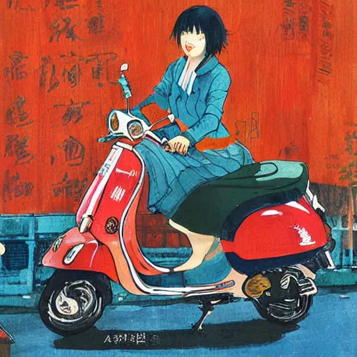 Image similar to the orange - haired vespa queen in hong kong, by amiet kuno
