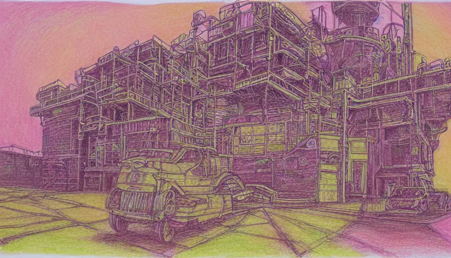 Image similar to corlaine in the pink palace, colored pencil crosshatch, Golden ratio, Oil rig, solarpunk