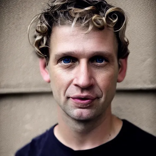 Image similar to full face color photograph of a 40 year old very handsome white man with short, curly, light blond hair and very small slanted blue eyes, dressed in a white t shirt, gray shorts and black socks, with a small mole to the right of his very thin lips, with a straight nose and blond stubble on his oval face, and an earring in the left ear. He resembles a lion.