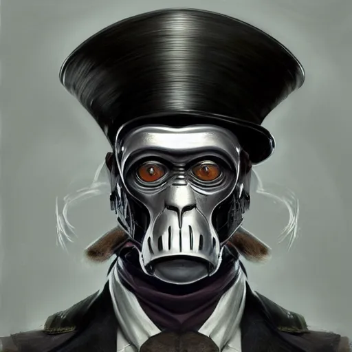 Image similar to photorealistic painting of a monkey with a top hat, partially clothed in metal-plated battle armor, symmetrical face, perfect eyes, intricate, elegant, digital painting, concept art, illustration, sharp focus, minimal artifacts, from Metal Gear, in the style of Ruan Jia and Mandy Jurgens, by Greg Rutkowski, trending on Artstation, award winning