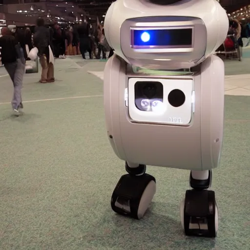 Prompt: <photo hd robot-expression='hug pls' robot-desire='hug' robot-traits='fluffy cute adorable' location='las vegas convention center'>i think this robot is following me</photo>
