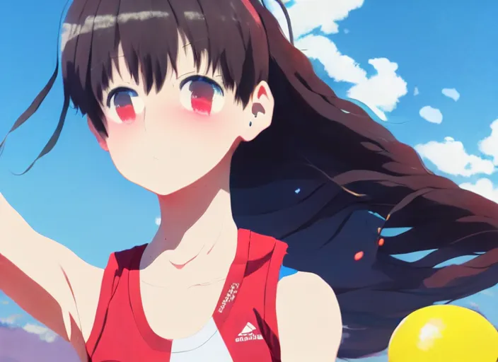 Image similar to portrait of high school runner girl, sunny sky background stadium landscape illustration concept art anime key visual trending pixiv fanbox by wlop and greg rutkowski and makoto shinkai and studio ghibli and kyoto animation symmetry red sports clothing marathon yellow running shoes number tag