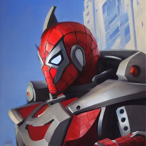 Image similar to greg manchess portrait painting of armored spiderman ultraman cyborg hybrid as overwatch character, medium shot, asymmetrical, profile picture, organic painting, sunny day, matte painting, bold shapes, hard edges, street art, trending on artstation, by huang guangjian and gil elvgren and sachin teng