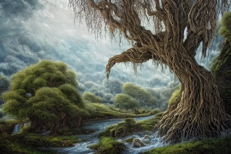 Image similar to masterpiece painting of lord of the rings old man willow tree of life on a hillside overlooking a creek, dramatic lighting, malign tree - spirit of great age, hyperrealism concept art of highly detailed by andreas franke