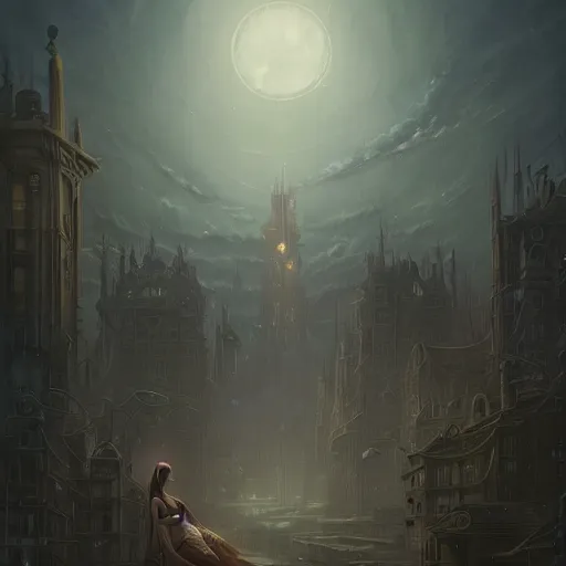 Image similar to a detailed illustration of a weeping woman against the background of a ravaged city and a dark moonlit sky, artstation, by Peter Mohrbacher, Art Nouveau, sophisticated, Unreal engine, dystopia, anti-utopia, post processing, nostalgic melancholic artwork, intricate