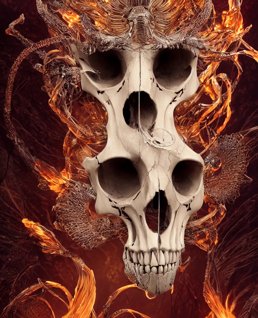 Image similar to close-up macro portrait of the face of a beautiful princess with animal skull mask, epic angle and pose, ribcage bones symmetrical artwork, 3d with depth of field, blurred background, cybernetic jellyfish female face skull phoenix bird, translucent, nautilus, energy flows of water and fire. a highly detailed epic cinematic concept art CG render. made in Maya, Blender and Photoshop, octane render, excellent composition, cinematic dystopian brutalist atmosphere, dynamic dramatic cinematic lighting, aesthetic, very inspirational, arthouse. y Greg Rutkowski, Ilya Kuvshinov, WLOP, Stanley Artgerm Lau, Ruan Jia and Fenghua Zhong