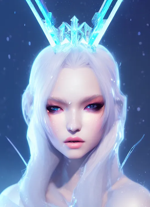 Prompt: ( ( portrait ) ) of ice queen, sharp focus, octane render, ffxi, crackle tube, rpg, beautiful, flare, cinematic, vsco, film, unreal engine, symmetrical!!, maybelline, sephora, artstation, art by artgerm, rossdraws, art by karol bak, makeup,