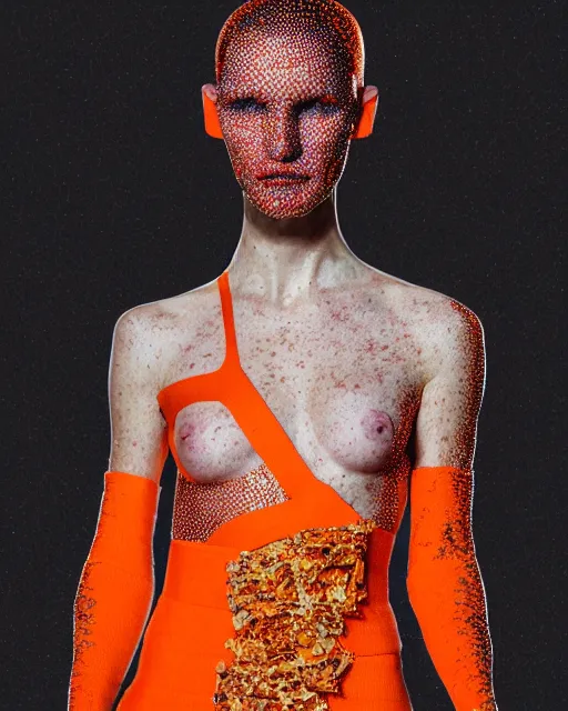 Image similar to olivia wearing an outfit made of orange peels, runway model at new york fashion week, sporty physique, black hair, freckles, pale skin, half body shot, photo by greg rutkowski, stage lighting, soft colors, female beauty, intricate detail, elegance, 3 5 mm, depth of field, masterpiece