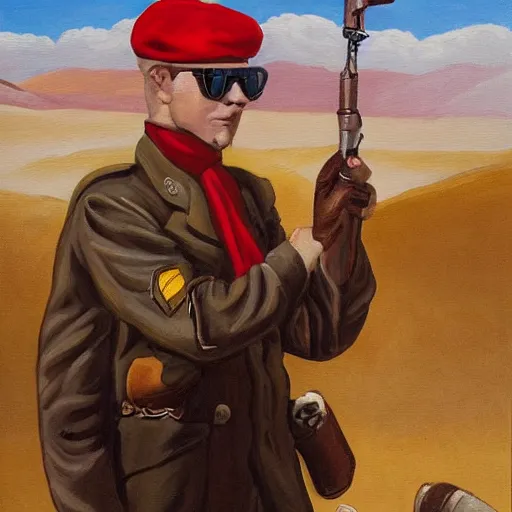 Prompt: a painting of a solidier with sunglasses, red ascot and a field cap, holding a hand grenade in the desert high details