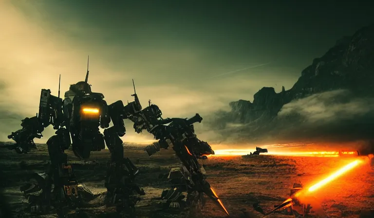 Image similar to an armored core v by liam wong, booster flares, legs, laser rifles, karst landscape, outdoor, dark blue sky, cloud, wilderness ground, golden time, twilight ; wide shot, digital painting, photoreal, cinematic contrast, dynamic backlighting, sharp edge, motion blur