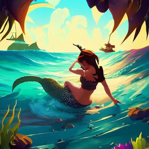 Image similar to painting mermaid treasure on sea of thieves game avatar hero smooth face median photoshop filter cutout vector, behance hd by jesper ejsing, by rhads, makoto shinkai and lois van baarle, ilya kuvshinov, rossdraws global illumination