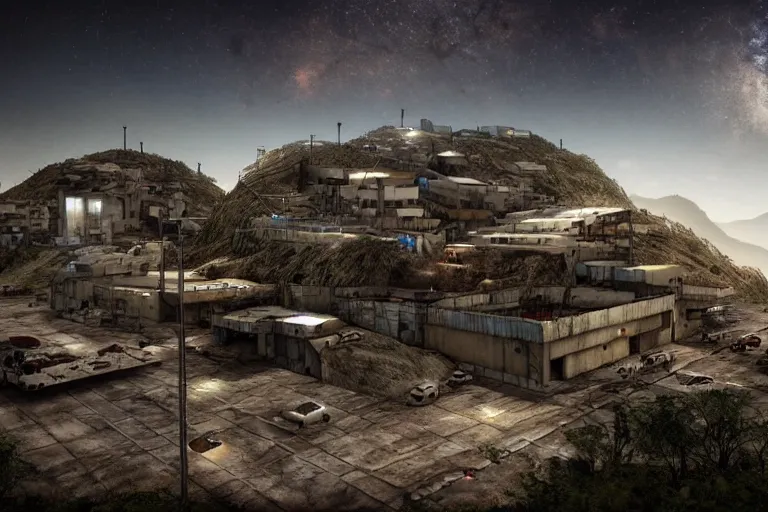 Image similar to favela hospital hangar bunker, desert environment, industrial factory, cliffs, gloomy, milky way, award winning art, epic dreamlike fantasy landscape, ultra realistic,