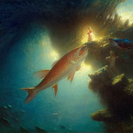 Image similar to point of view of deep in the ocean looking up, you see fishes, higher the milk way, night time, midnight. highly detailed painting by gaston bussiere, greg rutkowski 8 k