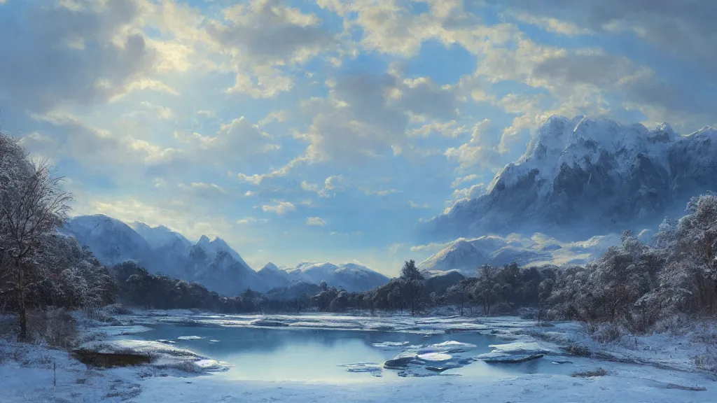 Image similar to the most beautiful panoramic landscape, oil painting, snowy mountains and a frozen river, clouds, cinematic lighting, highly detailed, very realistic