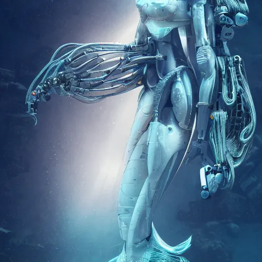 Image similar to biomechanical mecha white mermaid underwater, rays of light. Style of westworld, cables, lights, searchlight, weta digital, octane render, insane details, ultra realistic, beatifully lit, reflections