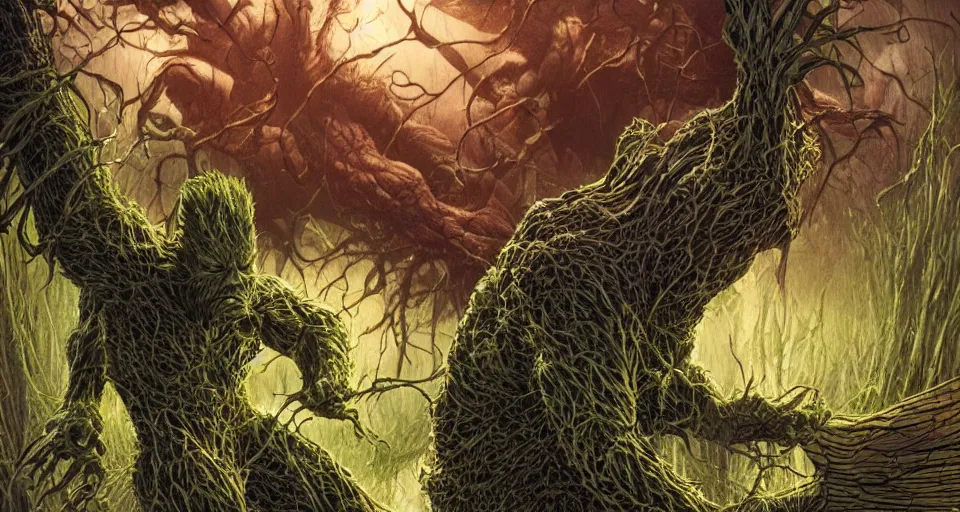 Image similar to Marvel Comics Man Thing Battles DC Comics Swamp Thing In A Misty Swamp, bats, sunset, volumetric lighting, hyperrealistic, beautiful details, HDR, octane render, action shot, wide angle, bokeh, Yasushi Niarasawa Moebius Jim Steranko Style