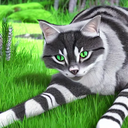 Image similar to wounded grey striped cat lying on the ground in a warrior cats forest, unreal engine