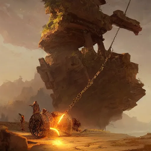 Image similar to a sling catapult, rocks flying, cart wheels, epic fantasy style art by greg rutkowski, fantasy epic digital art