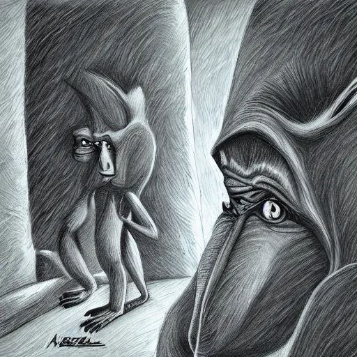 Image similar to cartoon style macaque inside alien base, digital art, soft shadows, creepy art